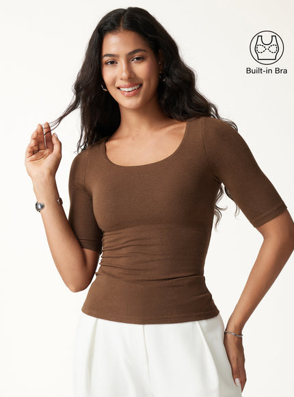 Essential Elbow Length Sleeve Square Neck Built-In Bra Tops