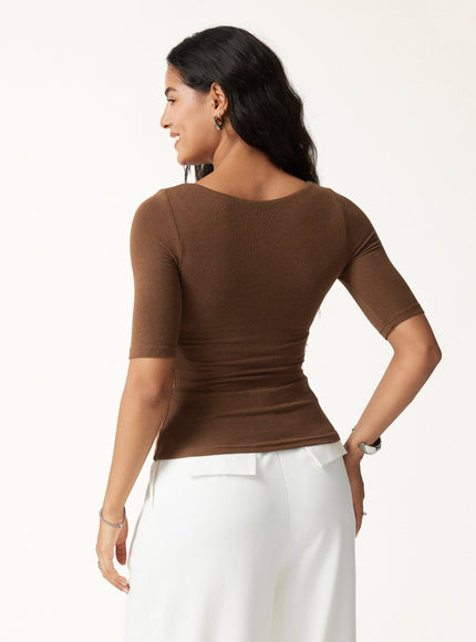 Essential Elbow Length Sleeve Square Neck Built-In Bra Tops