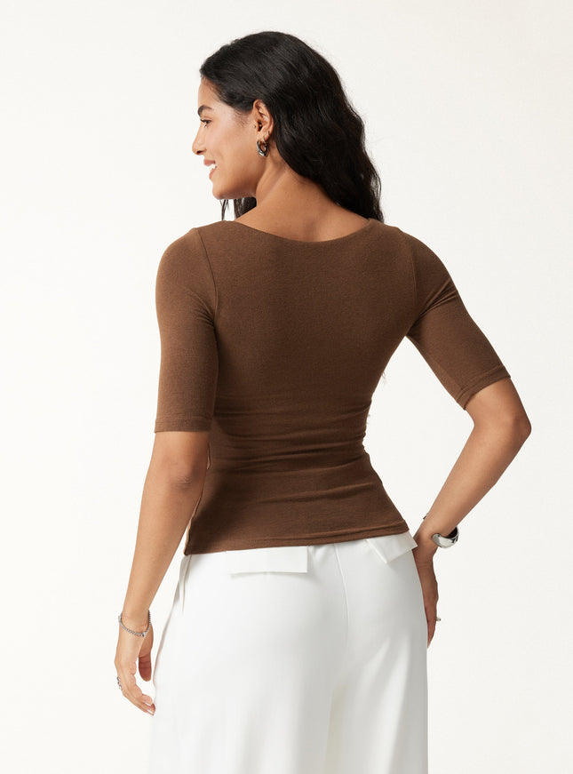 Essential Elbow Length Sleeve Square Neck Built-In Bra Tops