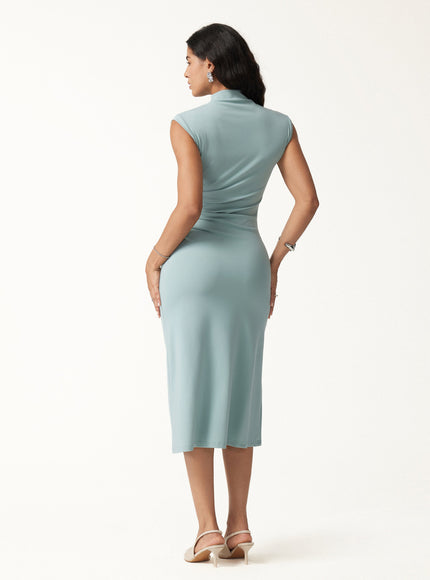 Mockneck Tucks Midi Dress