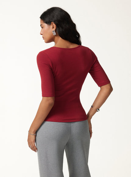 Square Neck Elbow Sleeve Built-In Bra Top