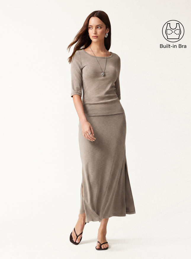 2Pcs Set Round Neck Elbow Sleeve Built-In Bra Top & Side-Slit A-Line Midi Skirt