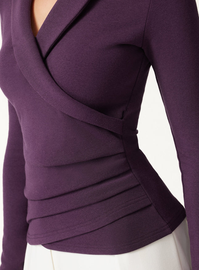 2Pcs Set Collared Surplice Top & Soft Thermal Pull-On Midi Skirt