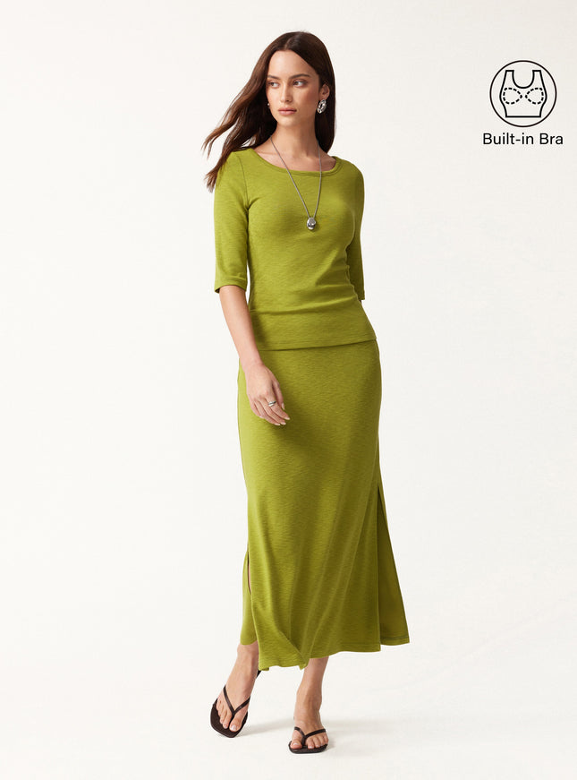 2Pcs Set Round Neck Elbow Sleeve Built-In Bra Top & Side-Slit A-Line Midi Skirt