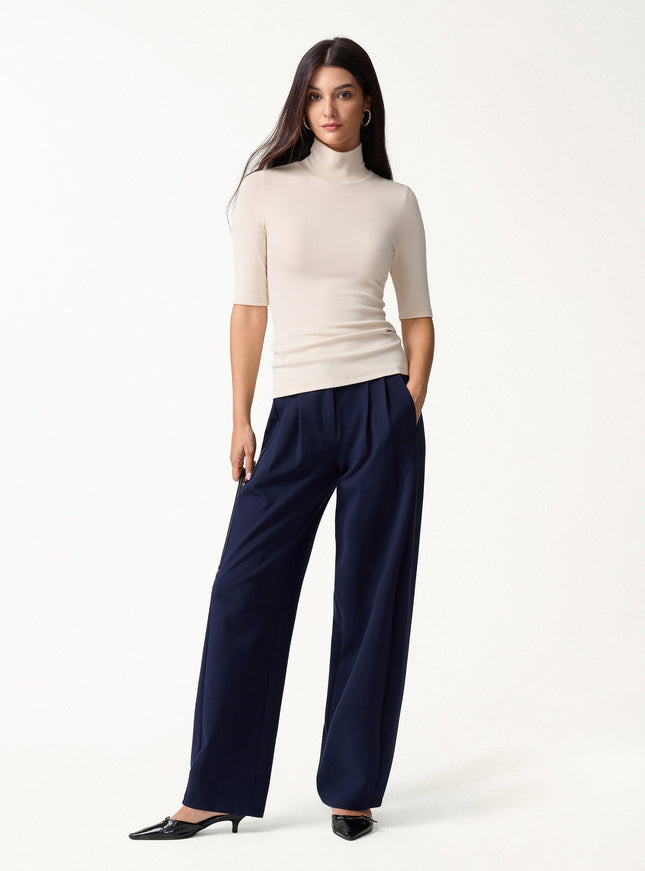 2Pcs Set Turtleneck Built-In Bra Tops & High Rise Wide Leg Pant