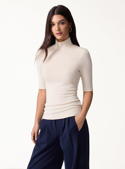 Essential Turtleneck Elbow Length Sleeve Built-In Bra Top - Midnight Navy