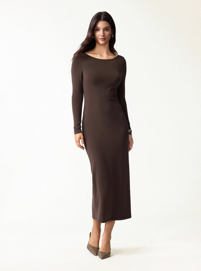 Boatneck Open-Back Midi Built-In Bra Dress