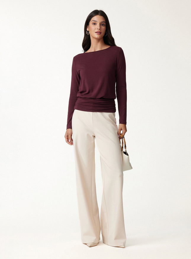 Boatneck Long Sleeve Ruched Banded Hem Top