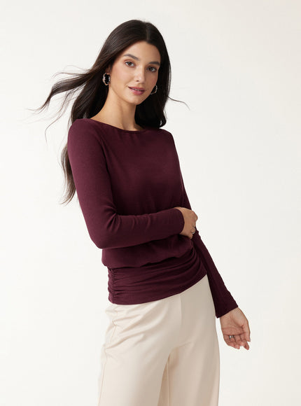 Boatneck Long Sleeve Ruched Banded Hem Top