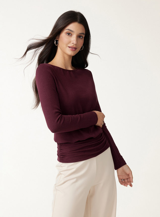 Boatneck Long Sleeve Ruched Banded Hem Top