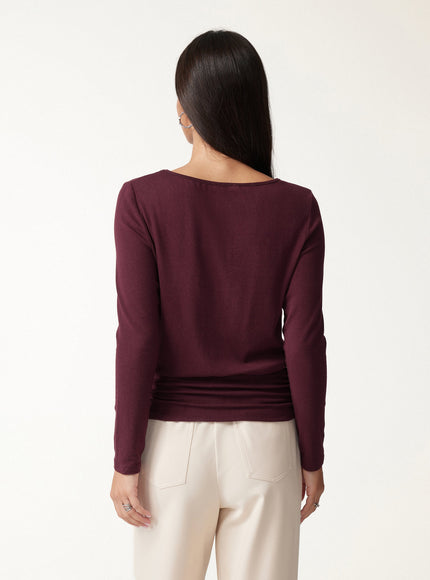 Boatneck Long Sleeve Ruched Banded Hem Top