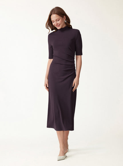 Cotton Blend Mock Neck Elbow Sleeve Tucked A-Line Midi Dress