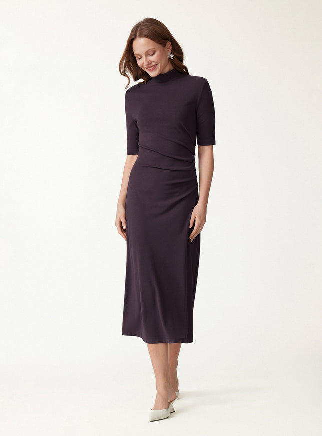 Cotton Blend Mock Neck Elbow Sleeve Tucked A-Line Midi Dress