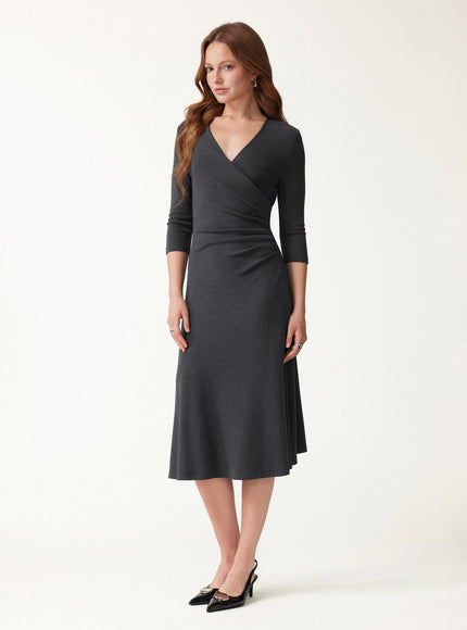 Surplice 3/4 Sleeve Side-Tuck Midi Dress
