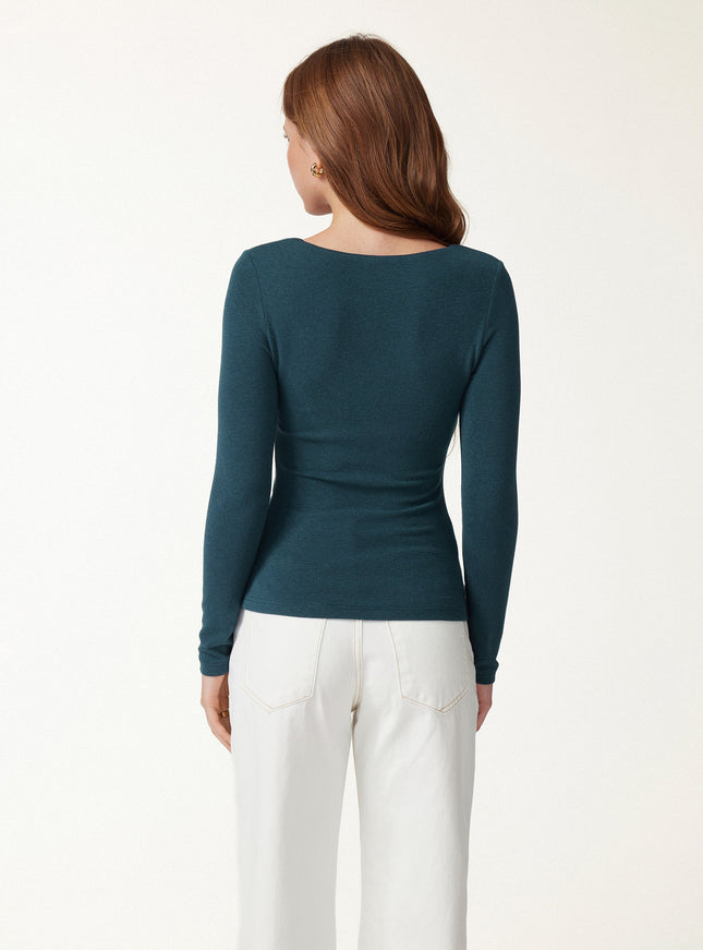 Diamond Neck Long Sleeve Built-In Bra Top