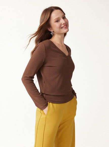 V-Neck Long Sleeve Banded Hem Top