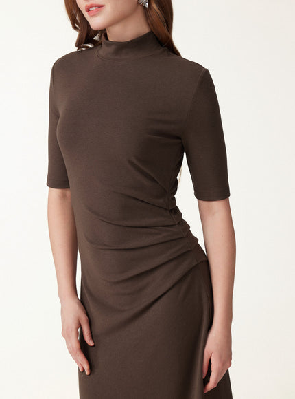 Cotton Blend Mock Neck Elbow Sleeve Tucked A-Line Midi Dress