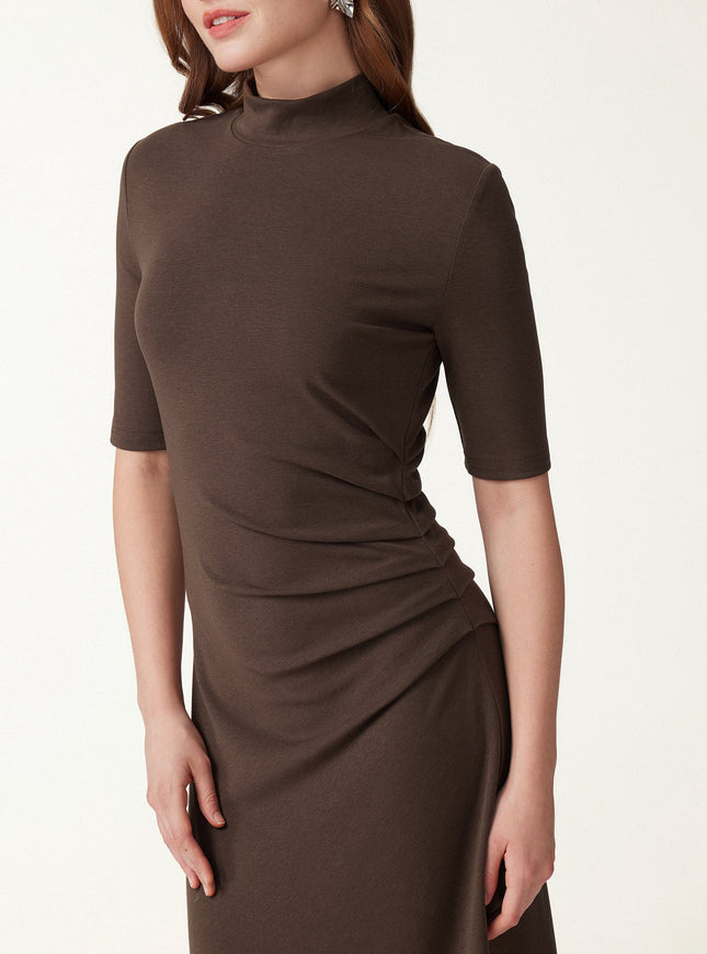 Cotton Blend Mock Neck Elbow Sleeve Tucked A-Line Midi Dress