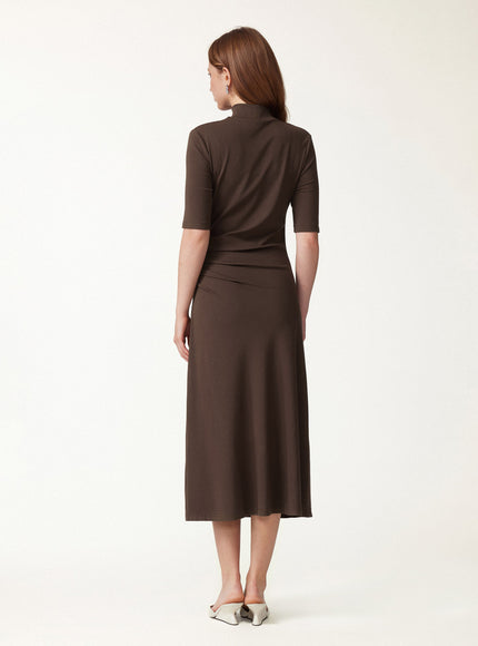 Cotton Blend Mock Neck Elbow Sleeve Tucked A-Line Midi Dress