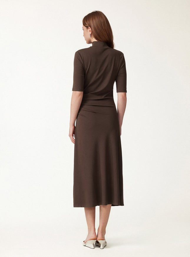 Cotton Blend Mock Neck Elbow Sleeve Tucked A-Line Midi Dress