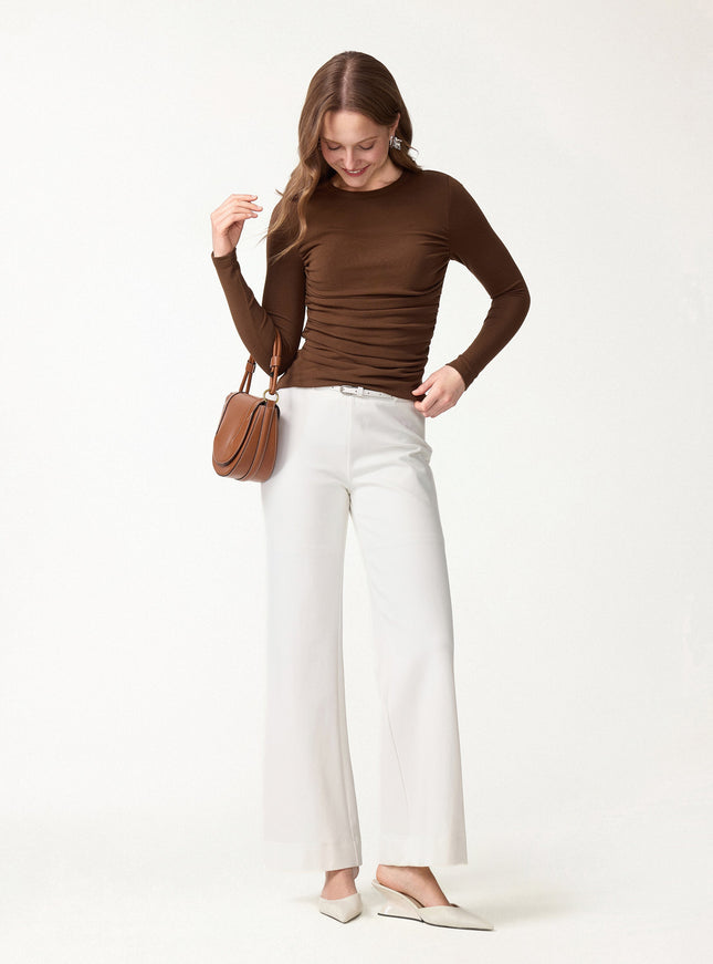 Roundneck Long Sleeve Ruched Built-In Bra Top
