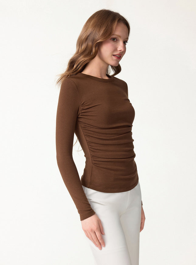 Roundneck Long Sleeve Ruched Built-In Bra Top