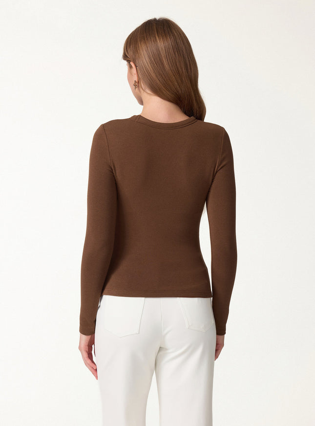 Roundneck Long Sleeve Ruched Built-In Bra Top
