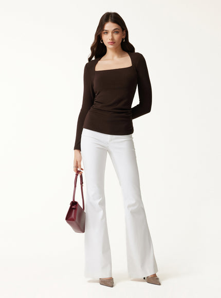 Trapeze Neck Long Sleeve Ruched Built-In Bra Top - Espresso Shut