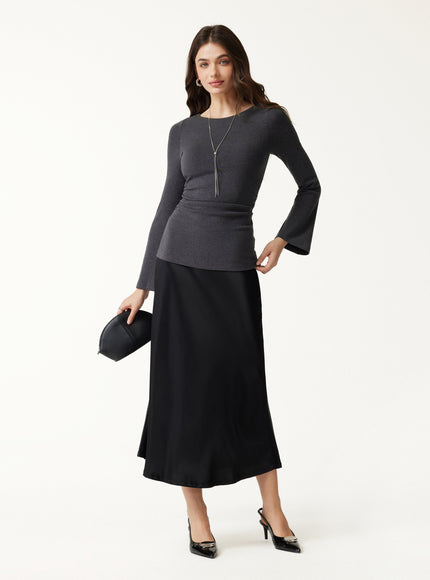 Round Neck Bell Sleeve Ruched Built-In Bra Top