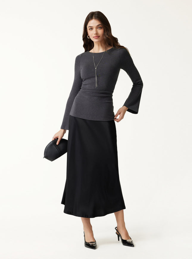 Round Neck Bell Sleeve Ruched Built-In Bra Top