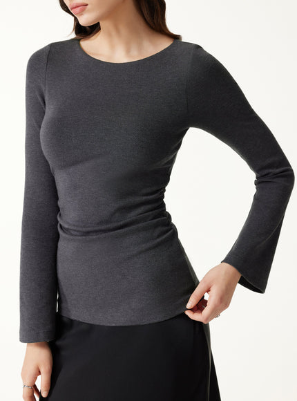 Round Neck Bell Sleeve Ruched Built-In Bra Top
