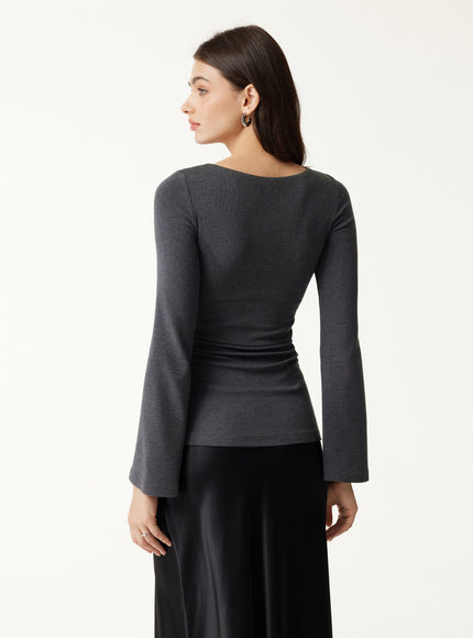 Round Neck Bell Sleeve Ruched Built-In Bra Top