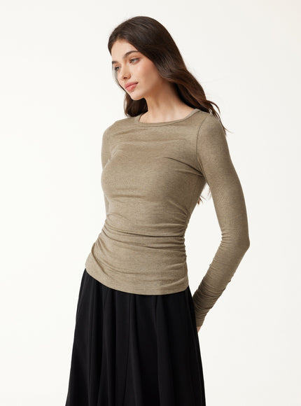 Lyocell-Wool Round Neck Long Sleeve Ruched Top