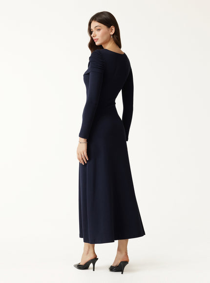 Boatneck Ruched A-Line Midi Built-In Bra Dress