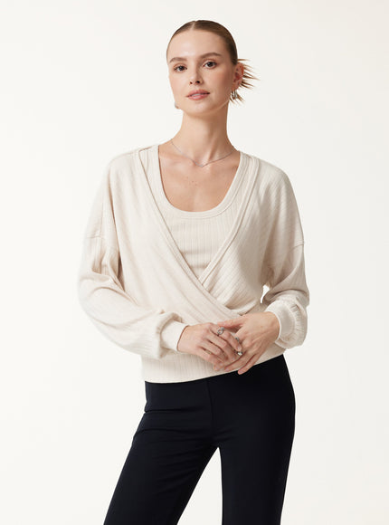 MaxWarm Wide Ribbed Crossover Long Sleeve Banded Hem Top