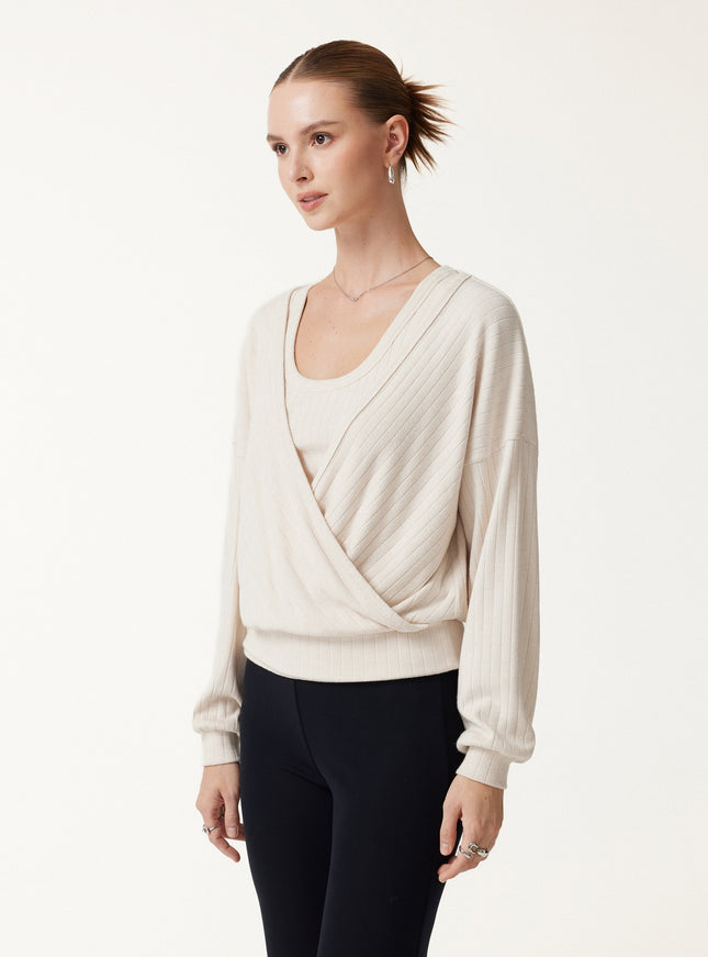 MaxWarm Wide Ribbed Crossover Long Sleeve Banded Hem Top