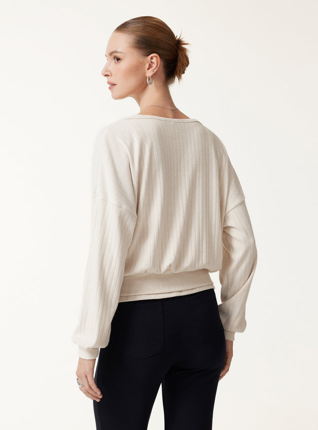 MaxWarm Wide Ribbed Crossover Long Sleeve Banded Hem Top