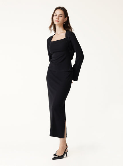 3Pcs Set Cardigan & Built-In Bra Cami & Side-Slit Column Midi Skirt