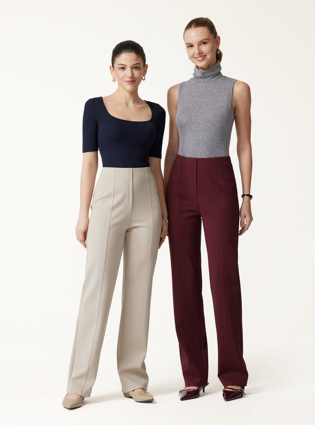 Ponte High-Rise Straight-Leg Pants with Pockets - Heather Black Grey