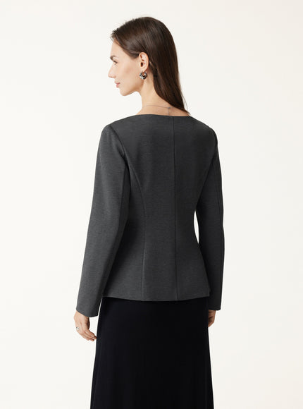 Ponte Office Round Neck Long Sleeve Jacket with Pockets