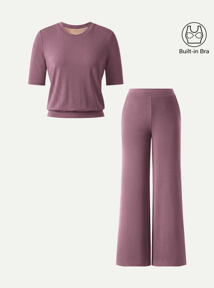 2Pcs Set Petite Wide Leg Pant with Pockets & Crewneck Built-In Bra Top