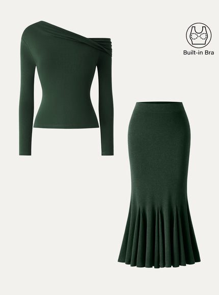 2Pcs Set Convertible Neck Built-In Bra Top & High-Rise Mermaid Midi Skirt
