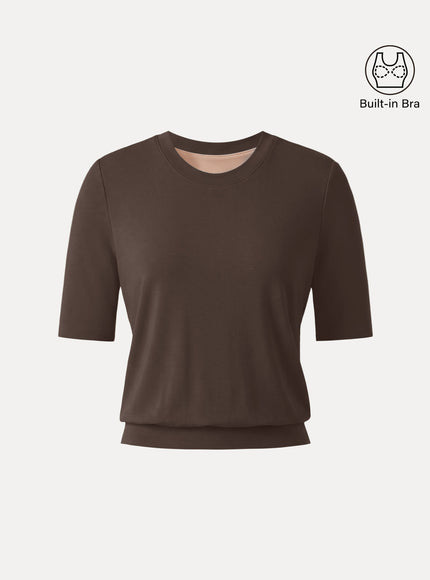 Lyocell Wool Crewneck Built-In Bra Top with Banded Hem