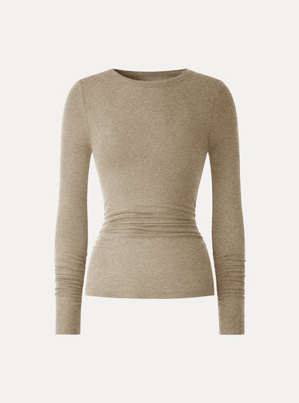 Lyocell-Wool Round Neck Long Sleeve Ruched Top