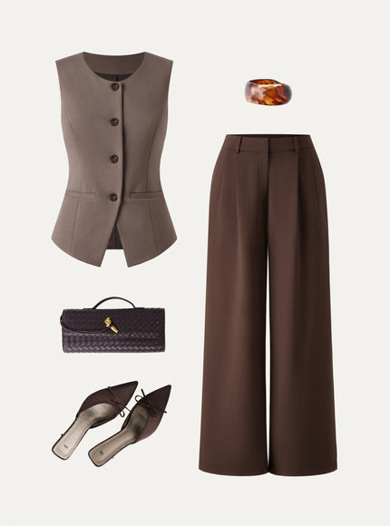2Pcs Set Waistcoat with Pockets & Wide Leg Pant with Pockets