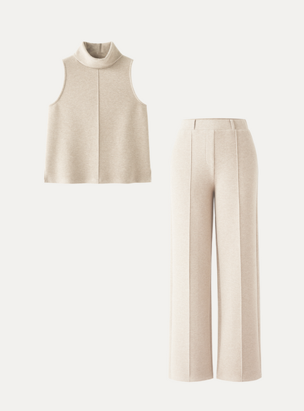2Pcs Set Tall Turtle Neck Split Hem Top & High Waisted Warm Straight Leg Pull On Pant