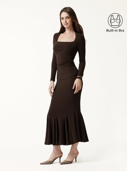 2Pcs Set Trapeze Neck Ruched Built-In Bra Top & High-Rise Mermaid Midi Skirt