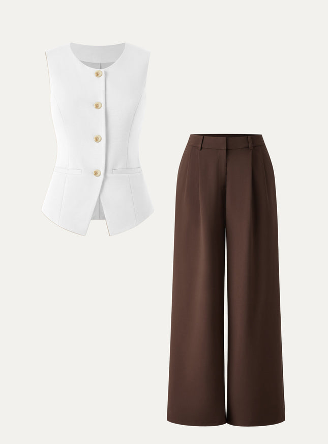 2Pcs Set Waistcoat with Pockets & Wide Leg Pant with Pockets
