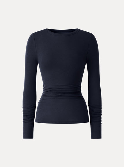 Lyocell-Wool Round Neck Long Sleeve Ruched Top