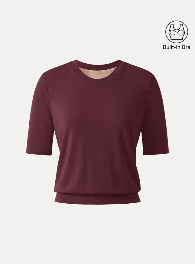 Lyocell Wool Crewneck Built-In Bra Top with Banded Hem